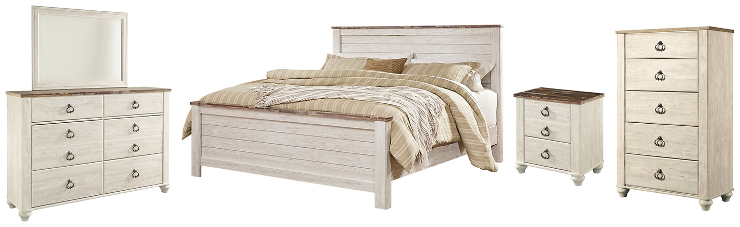 Willowton Queen Panel Bed with Mirrored Dresser, Chest and Nightstand