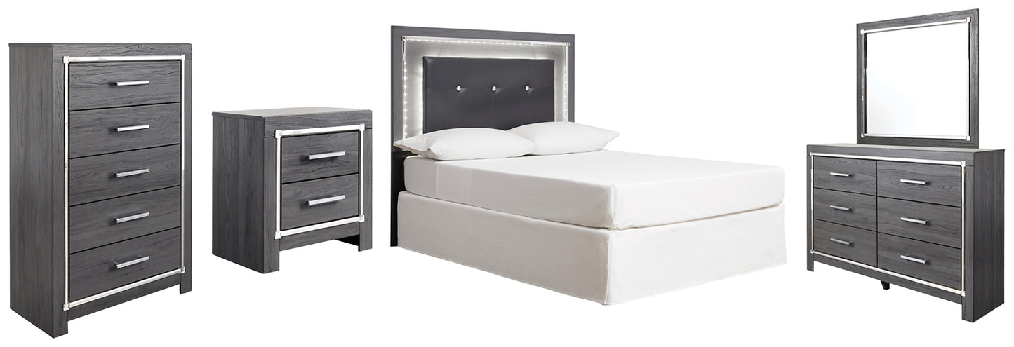 Lodanna Full Upholstered Panel Headboard with Mirrored Dresser, Chest and Nightstand