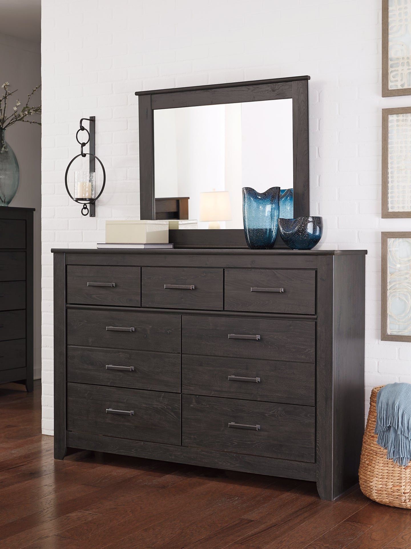 Brinxton Full Panel Headboard with Mirrored Dresser, Chest and 2 Nightstands