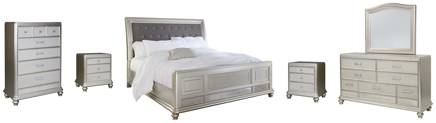 Coralayne King Upholstered Sleigh Bed with Mirrored Dresser, Chest and 2 Nightstands