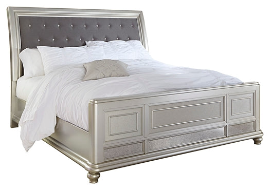 Coralayne California King Upholstered Sleigh Bed with Mirrored Dresser, Chest and Nightstand