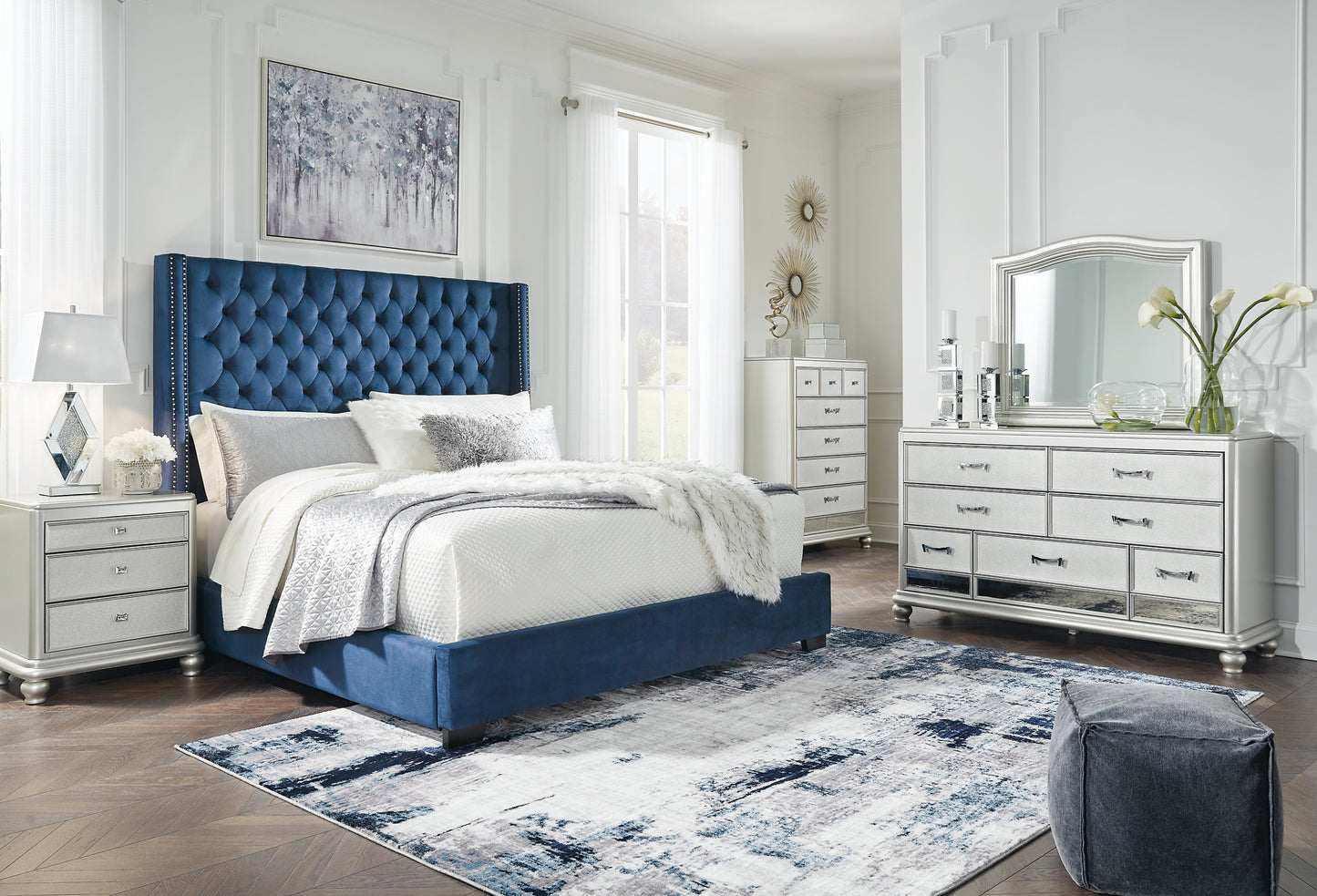 Coralayne California King Upholstered Bed with Mirrored Dresser