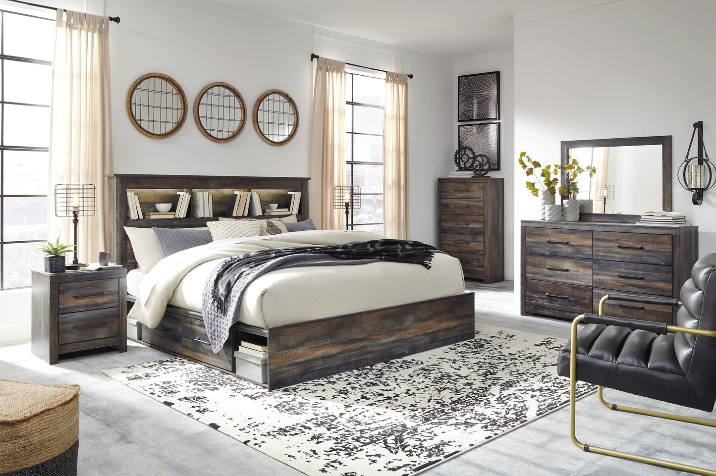 Drystan King Bookcase Bed with 4 Storage Drawers with Mirrored Dresser, Chest and 2 Nightstands