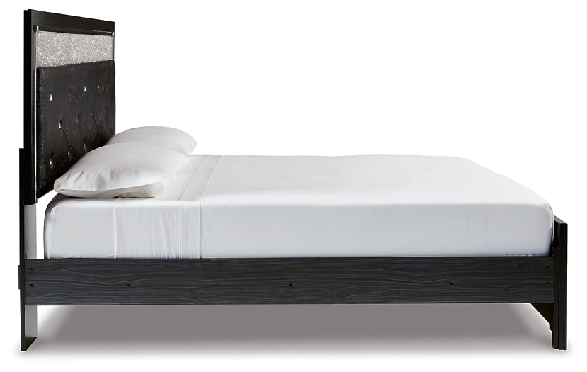 Kaydell King Upholstered Panel Platform Bed with Mirrored Dresser