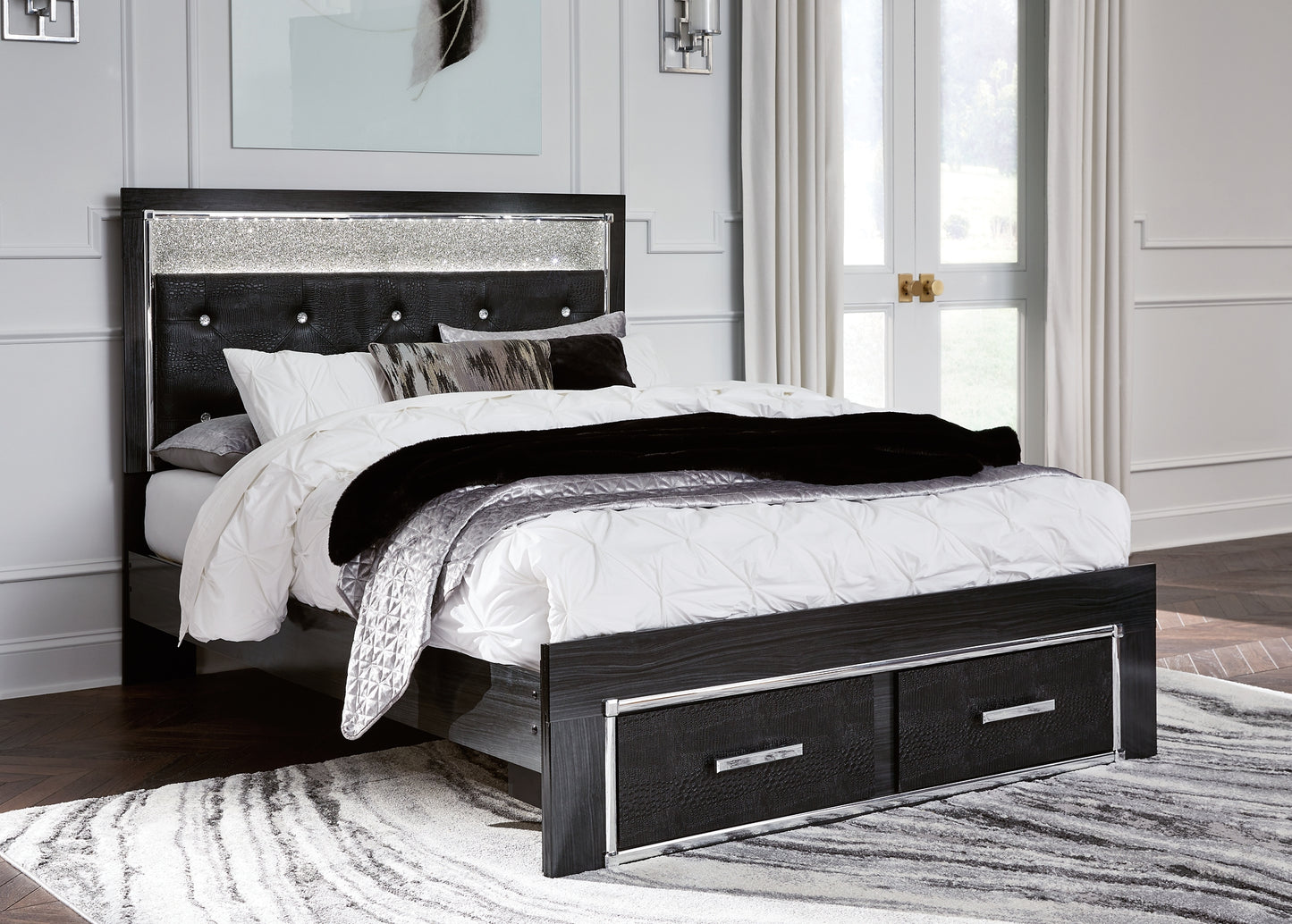 Kaydell Queen Upholstered Panel Storage Bed with Mirrored Dresser, Chest and 2 Nightstands
